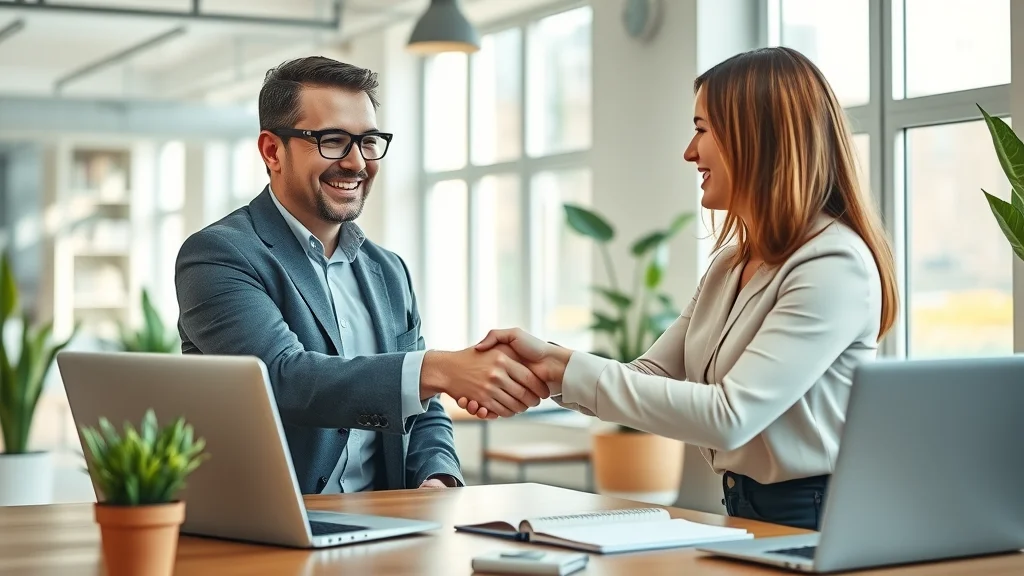 Small business consultant shaking hands with satisfied client after successful project using management consulting apps.