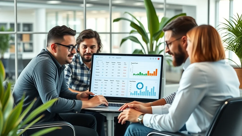 Modern business team reviewing time tracking dashboard in contemporary office, digital schedules and graphs, time tracking and scheduling software solutions and applications