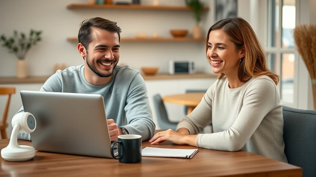Happy couple taking virtual postpartum coaching session at home