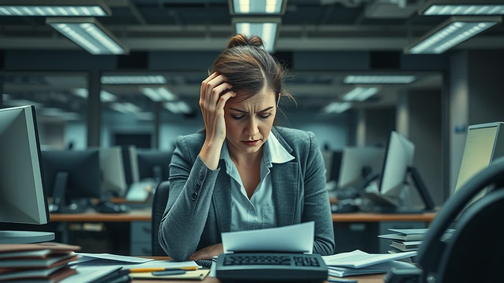 Frustrated businesswoman at a cluttered desk with outdated computers and ringing phones, representing ineffective helpdesk and customer service and support solutions
