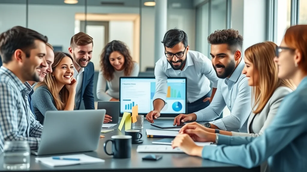 Modern small business office workspace with professionals using software applications and solutions for small businesses