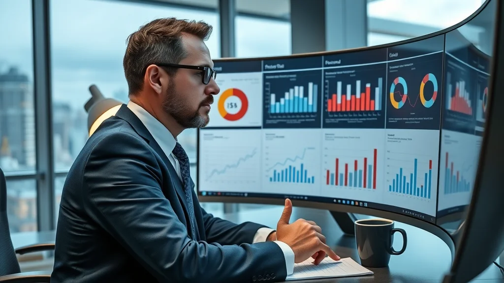 Business consultant analyzes risk management dashboard for small business software solutions