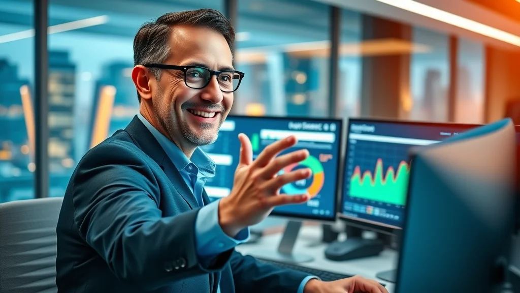 Consultant analyzing management consulting software solution rankings on a digital dashboard in a modern high-rise office.