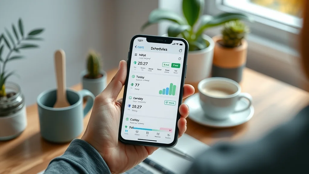 High-tech smartphone with time tracking and scheduling app interface, modern remote work setup, tracking app mobile integration