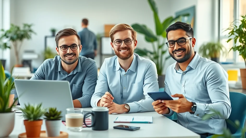 Business owners using various accounting software solutions on laptop, tablet, and phone in bright shared office, visible dashboards highlighting differences. Accounting & bookkeeping software for small businesses.