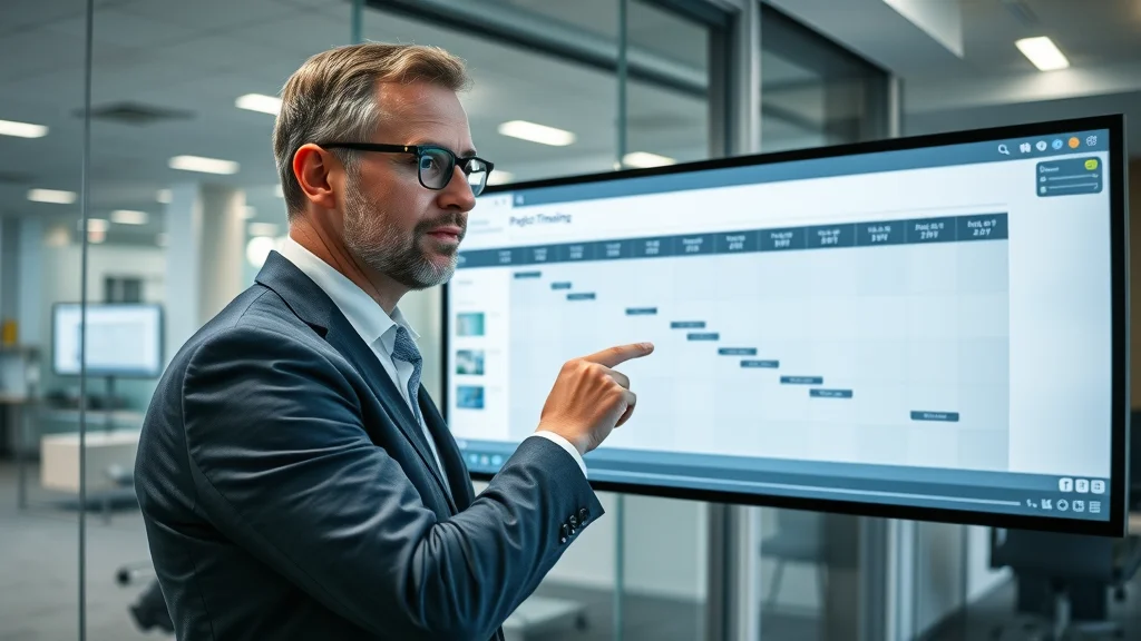 Consultant reviewing project timeline and task management on a digital touchscreen using management consulting app in a modern office.