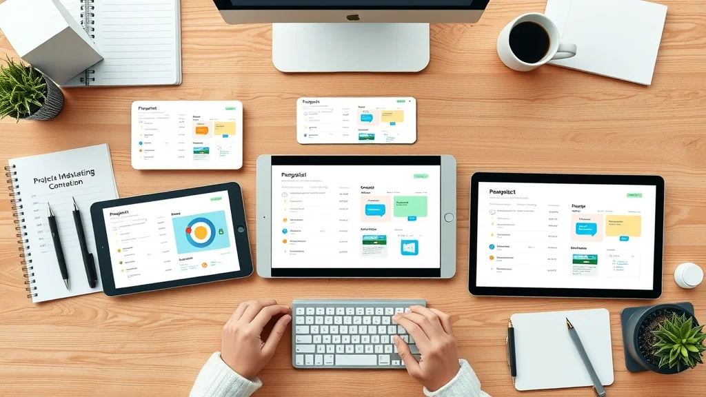 project management automation tools, flat-lay of popular app dashboards on digital devices, organized for workflow