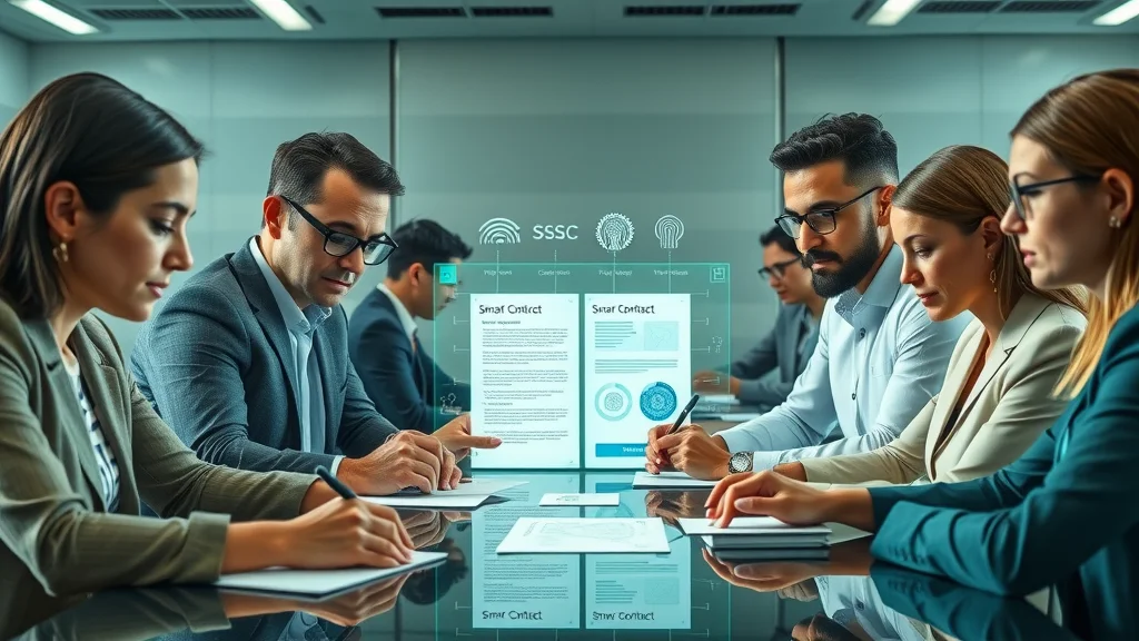 Modern contract signing scene with individuals digitally signing a smart contract using a blockchain verification interface.
