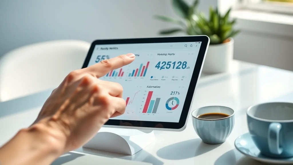 Tablet displaying marketing automation platform dashboard with metrics and automation features