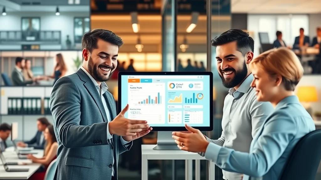 Small business staff collaborating on digital HR and payroll software in various industries including wedding planning and real estate