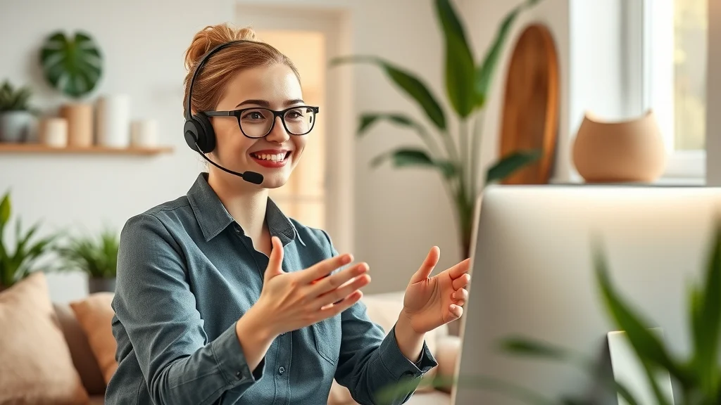 Support agent assisting customer via CRM software app video call in warm home office