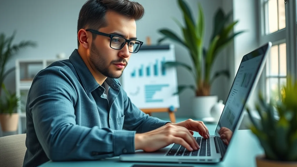 Professional marketer using email marketing automation software with workflow charts visible on laptop