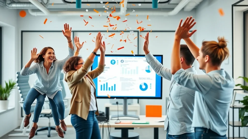 Excited small business team celebrating successful project management task completion, viewing project charts and completed tasks on a monitor.