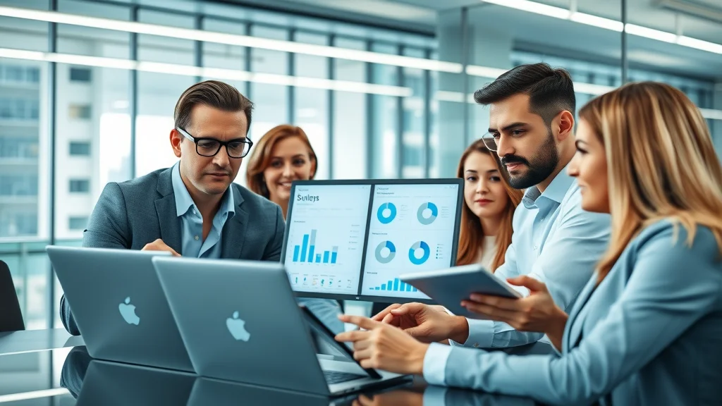 Modern consulting team collaborating using management consulting apps and software solutions in a sleek, open-plan office with city views.