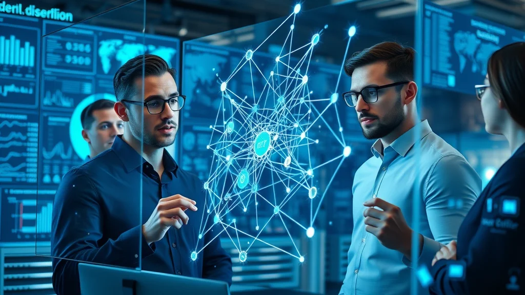 Digital ledger visualization with a team of tech analysts examining a virtual blockchain network, illustrating distributed ledger and blockchain network foundations.