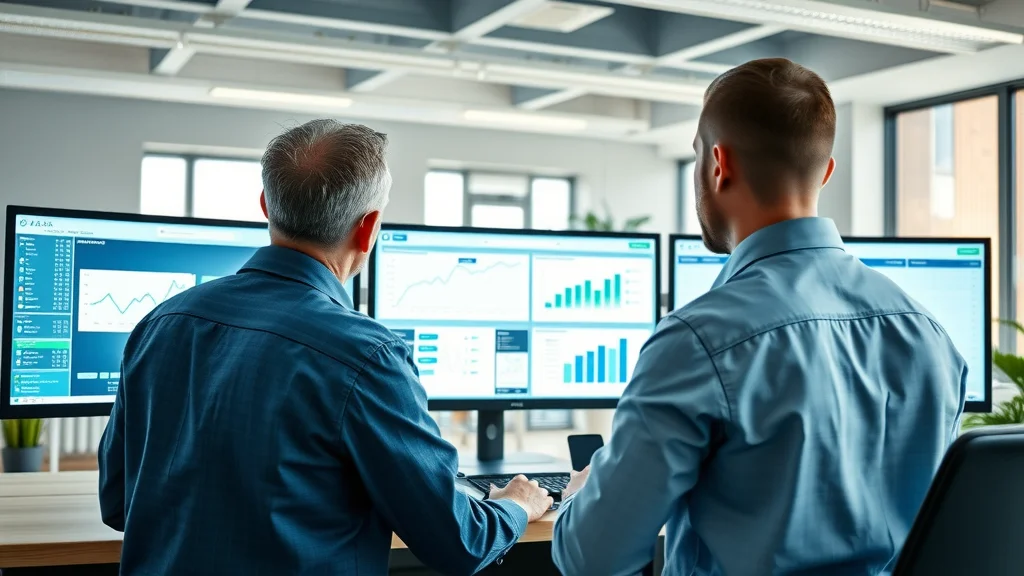 project management automation tools, software dashboards in use across multiple monitors, vibrant digital workflow, collaborative workspace, blues and greens