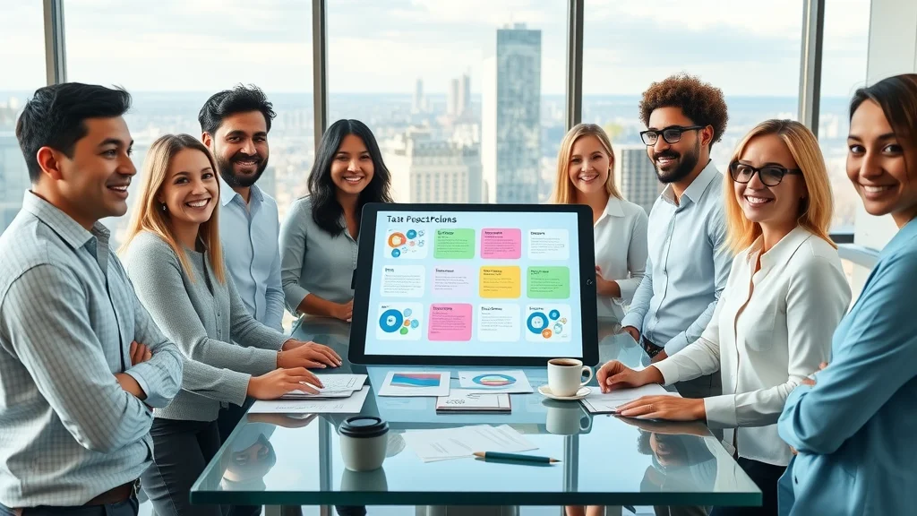 Diverse consulting business team brainstorming with task management software in a bright boardroom.