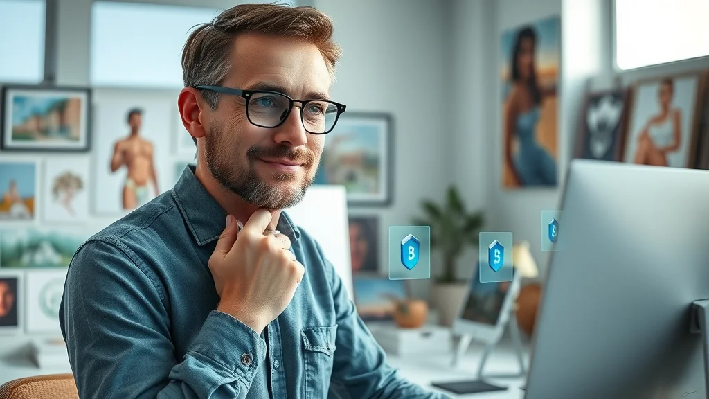 An innovator securing digital artwork with a blockchain-powered authentication interface, representing intellectual property protection using blockchain applications.