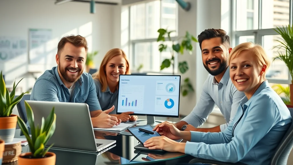 enterprise business software and applications for small businesses workspace - team members collaborating in a vibrant modern office with digital dashboards