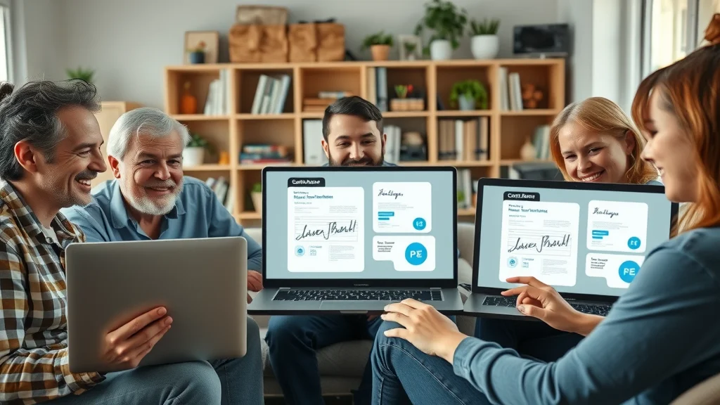 Small business team collaborating over video call, using document management and esignature software to sign documents online