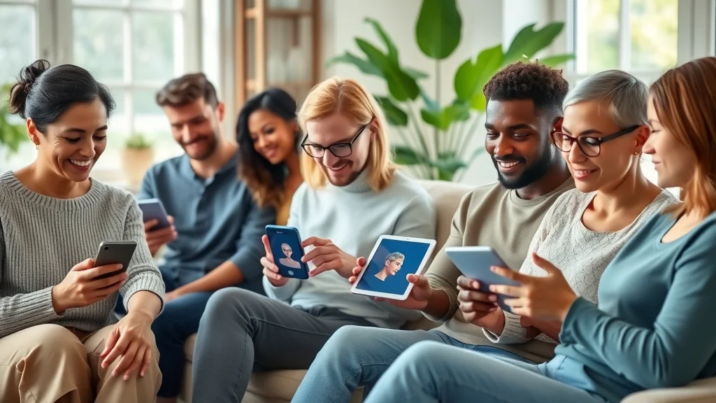 diverse group using mental health app and software solutions in living room