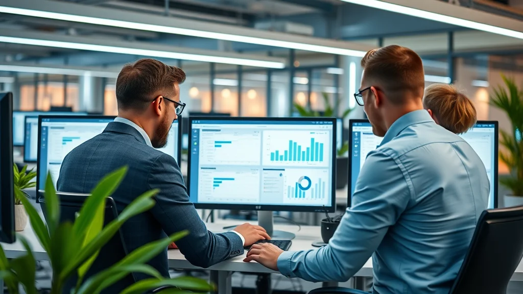 Modern workspace with computers displaying time tracking and scheduling app integration dashboards, real-time insights and time management analysis