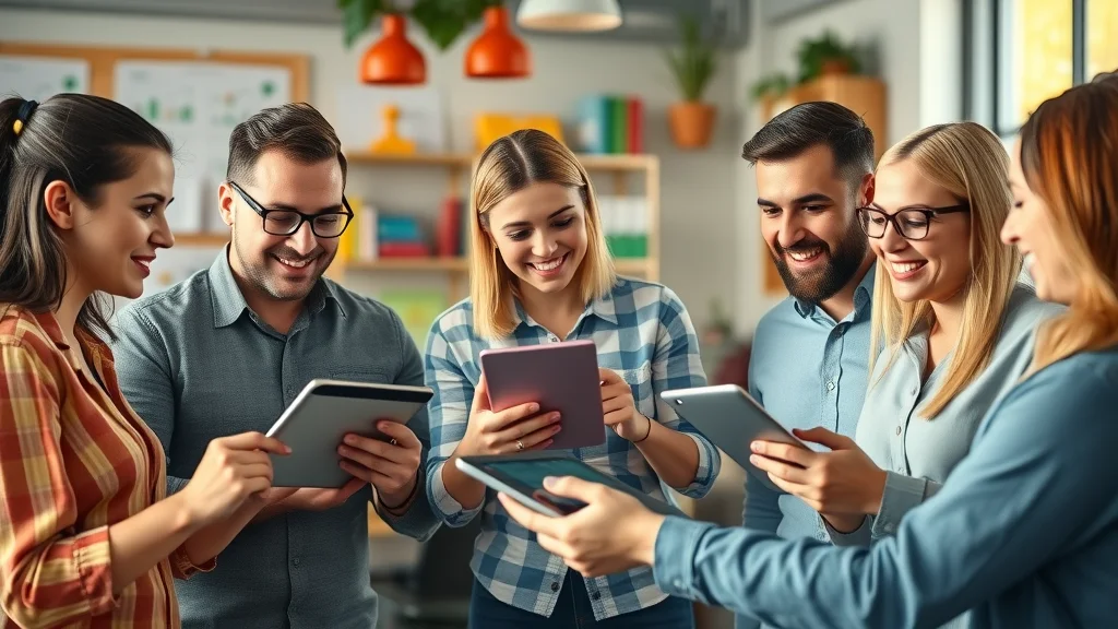 project management automation tools, creative tech startup team collaborating, sharing updates on laptops and tablets in a bright co-working space