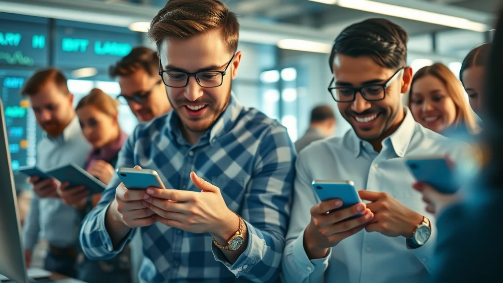 A diverse group of modern investors exploring cryptocurrency software solutions and apps on smartphones and desktops in an open office, with digital financial charts and crypto icons in background.