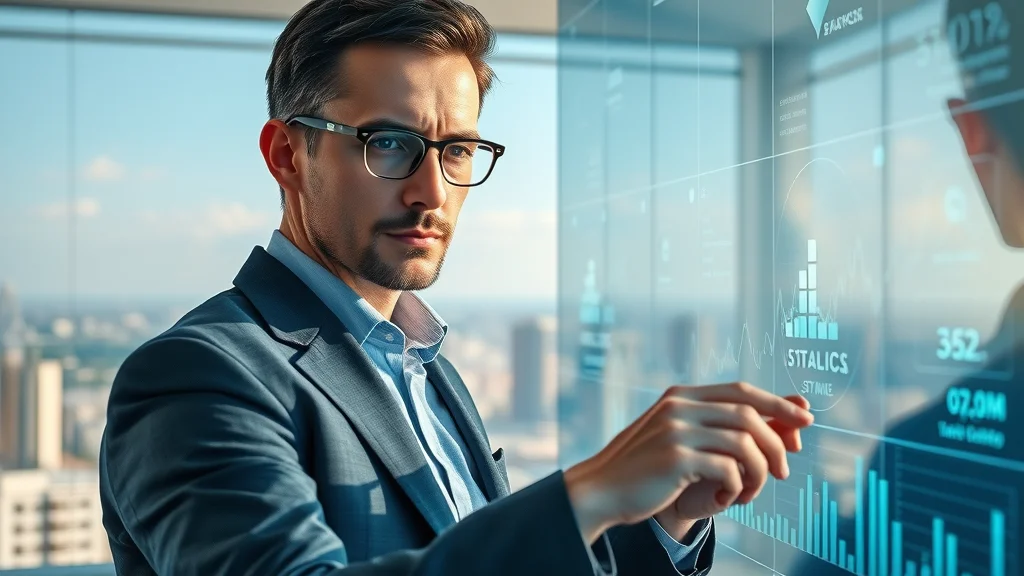 A confident analyst using interactive blockchain analytics on transparent screens in a tech lab, representing advanced crypto asset management and analytics.