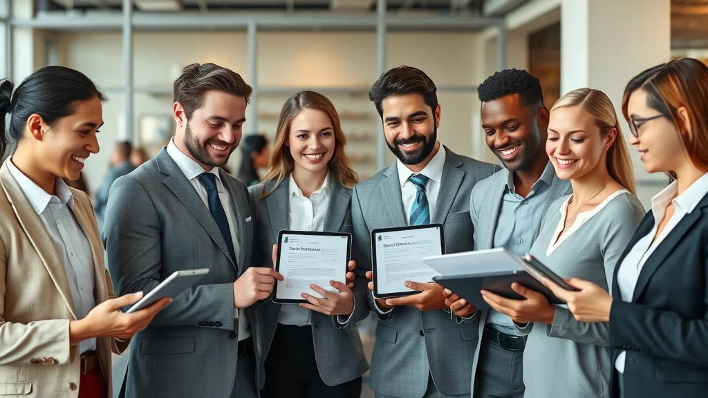 Professionals from various sectors using document management and esignature software to exchange signed digital contracts on devices