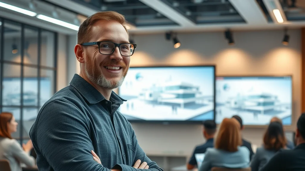 architect presenting production-ready 3D model with leading architecture and design software solutions and applications in high-tech seminar space
