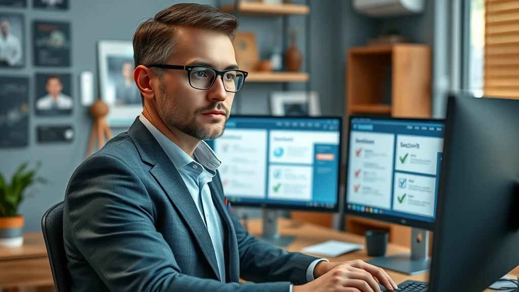 Business owner comparing antivirus software for cybersecurity and threat protection on dual monitors.