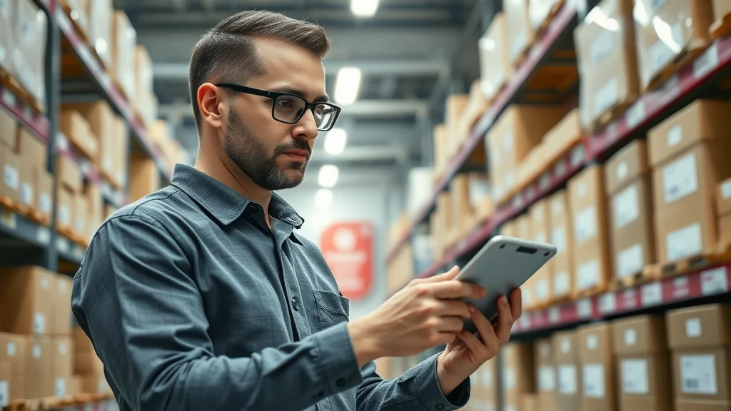 Inventory manager using tablet with POS software in retail stockroom for automated inventory management and barcode scanning