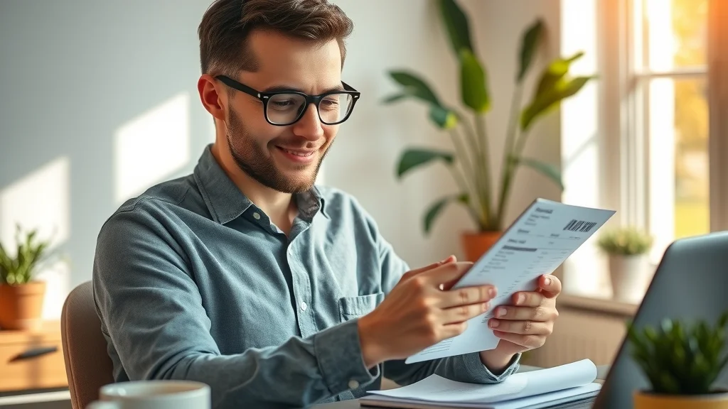 Professional bookkeeper analysing invoices using tablet in a home office with coffee cup, paper receipts, and potted plant. Accounting & bookkeeping software for small businesses.
