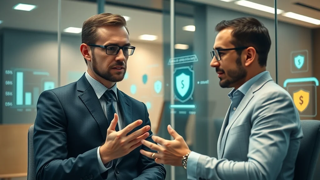 A blockchain consultant advising a client on secure digital asset management in a professional office, signifying blockchain solution provider expertise.