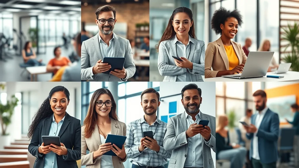 Dynamic mosaic showcasing small businesses using specialized software—time tracking and scheduling solutions for wedding planning, finance, fitness, property, more