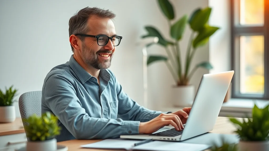 Relaxed business owner interacting with intuitive accounting software dashboard on laptop in modern, tidy office. Easy to use dashboard, small business finance management.