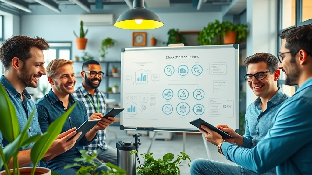 Tech entrepreneurs brainstorming blockchain solutions using digital tablets and whiteboards, representing innovative blockchain solution startups.