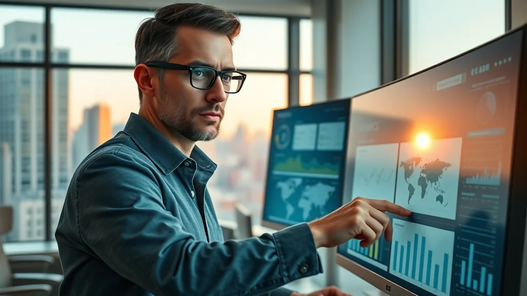 Consultant configuring management software dashboard for professional services in a tech-rich workspace.