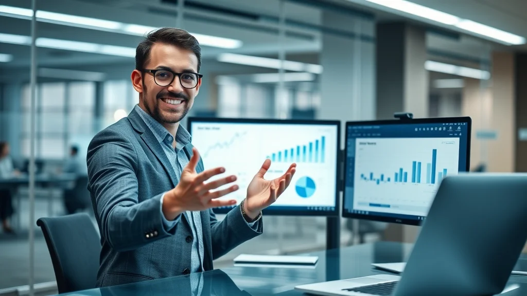 Business consultant showing CRM and project management software integration on dual monitors in modern office