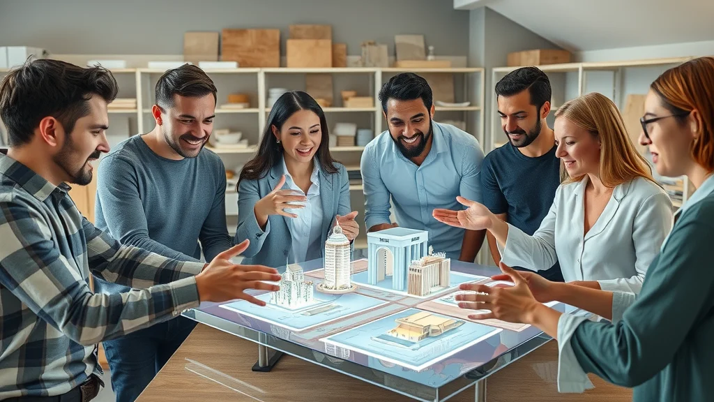 diverse architecture team collaborating over digital 3D models using architecture and design software solutions and applications