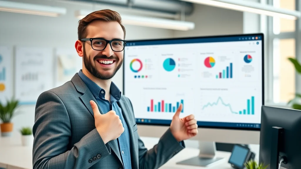 Business owner happy with project management & task management software, showcasing a digital dashboard with live charts and project tasks.