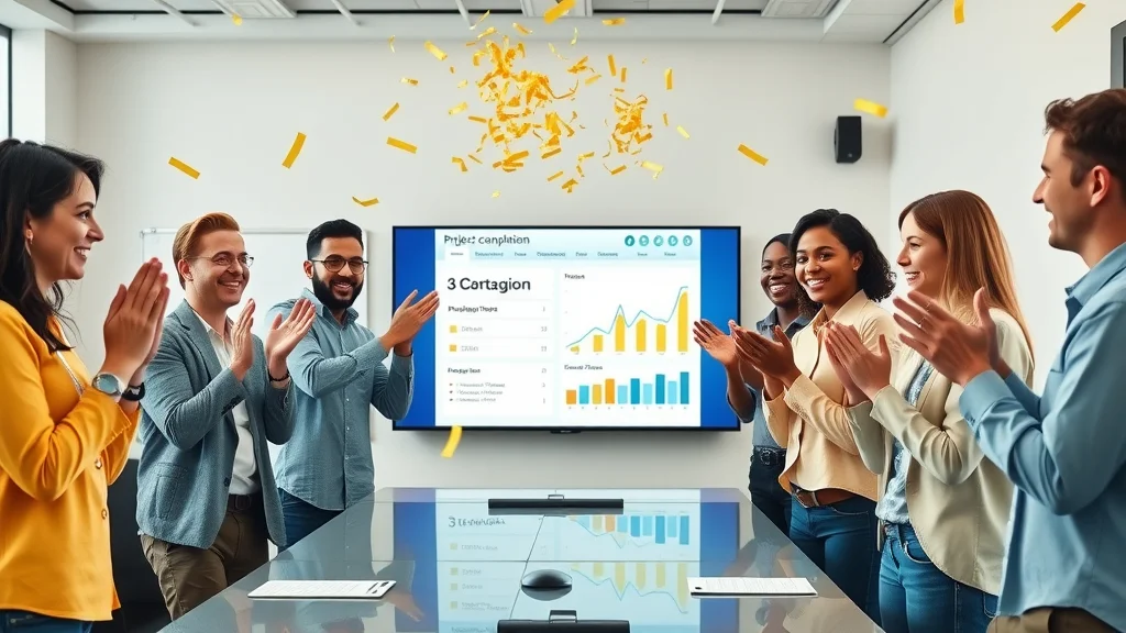 project management automation tools, diverse team celebrating successful project delivery with digital stats, energetic and bright office atmosphere